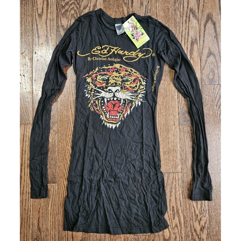 Ed Hardy Christian Audigier Shirt Dress NWT Vtg SZ XS Black Tiger Long Sleeve